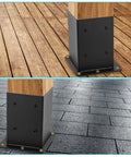 Two Pack 4x4 Post Base Anchors Solid Steel With Black Powder Coat Heavy Duty Deck Post Brackets for Pergolas Fences Gazebos Mailboxes And Decks Inner Size 3.6x3.6 Inches 13 Gauge Thick Rust Resistant installed on wooden and tiled surfaces