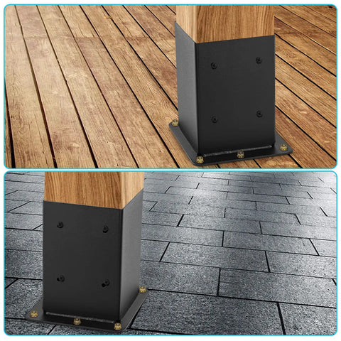 Two Pack 4x4 Post Base Anchors Solid Steel With Black Powder Coat Heavy Duty Deck Post Brackets for Pergolas Fences Gazebos Mailboxes And Decks Inner Size 3.6x3.6 Inches 13 Gauge Thick Rust Resistant installed on wooden and tiled surfaces