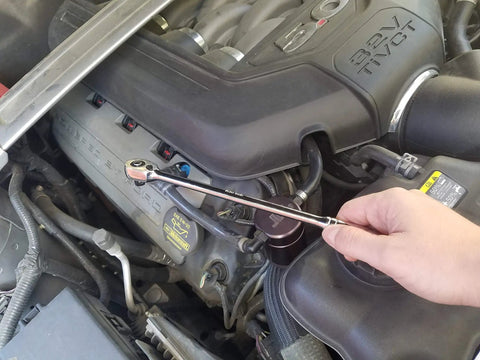 Using Nano Three Eighths Inch Drive Ratchet Head In Long Quarter Inch Body 12 Inch Length 72 Tooth Quick Release in engine bay