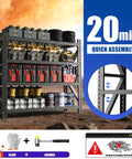 Built Like A Tank Heavy Duty Adjustable Steel Shelving Rack For Garage Or Warehouse Storage With Zero Hassle Setup And Rock Solid Frame 69By71 Inches 5000 Lbs Capacity Black Finish displaying tools and bins in a garage setting.