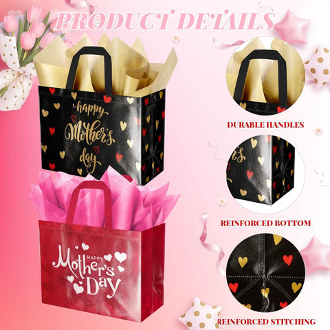 Black and pink 2 Pack Mother's Day Gift Bags With Tissue Paper And Cards Reusable Nonwoven Gift Totes For Mom Grandma Grandmother.