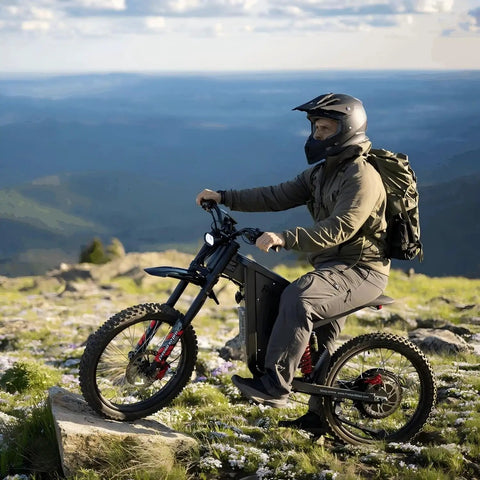Rider on X2Pro Electric Dirt Bike For Adults With 6000W Peak Motor, full suspension, trail scenery in background