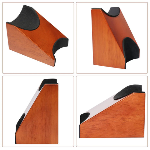 Guitar Fret Leveling Kit For Pros And DIY Hobbyists neck rest cradle in wood with black padding from various angles.
