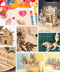 Collage of wooden laser-cut crafts on basswood sheets, 12x12x1/8 in; ships, windmill, florals.