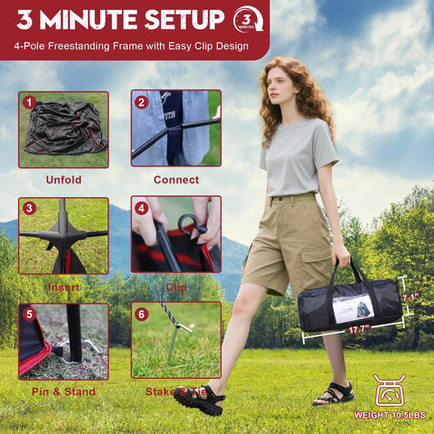 Setup process for Camping Shower Tent For Privacy On The Go, showing steps to unfold, connect, insert, clip, pin, stake, and tie.