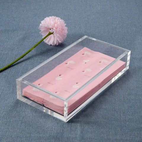 Crystal Clear Acrylic Napkin Holder Tray With 8mm Thick Build, Inner 8.3 By 4.7 By 2.2 Inches, holding pink napkins on table