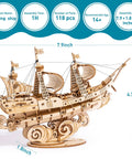3D Wooden Sailboat Puzzle Kit For Adults, Vintage Watercraft Model To Build on a stand, dimensions and parts details shown