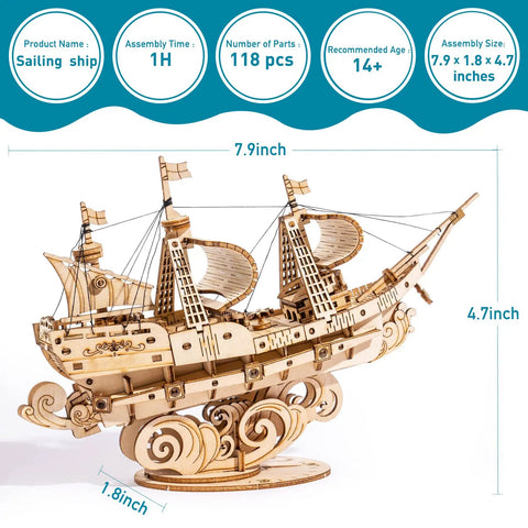 3D Wooden Sailboat Puzzle Kit For Adults, Vintage Watercraft Model To Build on a stand, dimensions and parts details shown