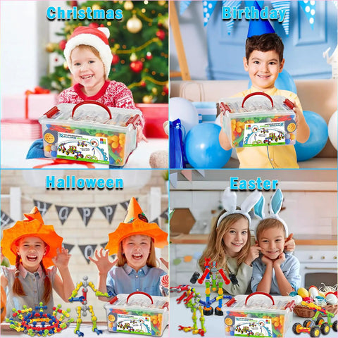 Children playing with STEM Building Toys 125 Piece Building Blocks Set for Kids Ages 3 4 5 6 7 8, featuring educational kits for holidays.