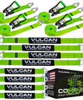 Heavy Duty Axle Tie Down Kit Featuring Hella Bright Neon Green 2 Inch Webbing And Reliable Wire J Hook Ratchet Straps For Secure Hauling On Rough Road Trips with ratchet straps and axle loops.