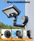 Magnetic Solar Lights Outdoor 600LM Motion Sensor LED Security Lights for wall, patio with three-way mounting options shown.