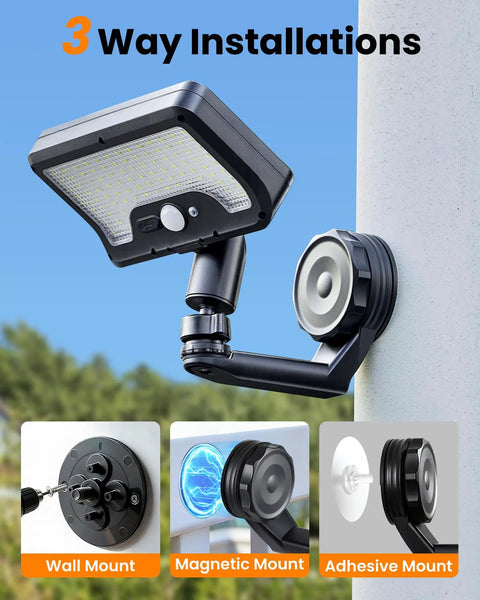 Magnetic Solar Lights Outdoor 600LM Motion Sensor LED Security Lights for wall, patio with three-way mounting options shown.