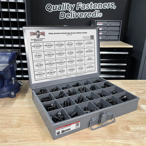 Beefy Heavy Duty Socket Head Cap Screws Set In Inch Alloy Black Oxide, Allen Bolts Assortment in open tray on workbench