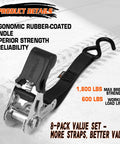 Black Ratchet Tie Down Straps Heavy Duty Towing Gear Lock Your Cargo Tight No Slip Grip For Pickup Trucks And Trailers One Inch By Fifteen Foot 1800 Lbs Breaking Strength 8 Pack, ergonomic rubber-coated handle.