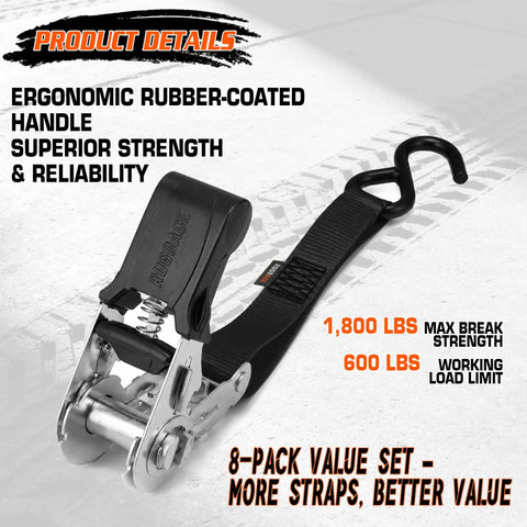 Black Ratchet Tie Down Straps Heavy Duty Towing Gear Lock Your Cargo Tight No Slip Grip For Pickup Trucks And Trailers One Inch By Fifteen Foot 1800 Lbs Breaking Strength 8 Pack, ergonomic rubber-coated handle.