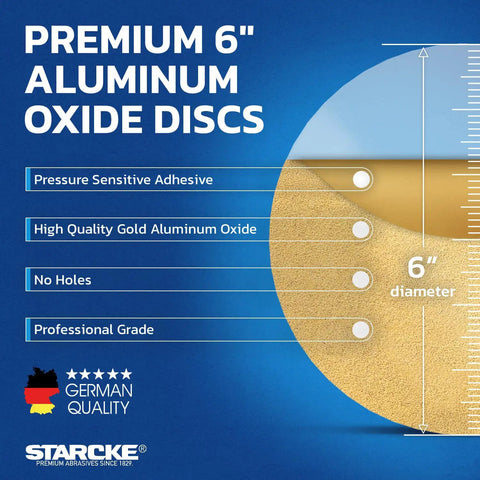 6 Inch 40 Grit PSA Sanding Discs 50 Pack No Hole Round Gold Sandpaper with Pro Grade Adhesive, 6 inch diameter