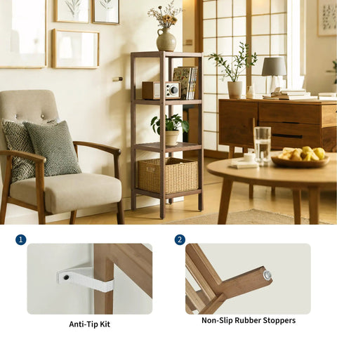 Slick Four Tier Bamboo Shelf Freestanding Bathroom Storage Rack Corner Organizer Tight Squeeze Space Saver Vertical Display For Toiletries And Essentials That Actually Knocks Out Clutter In Small Apartments And Keeps Your Space Looking Sharp, showcasing anti-tip kit and non-slip stoppers.