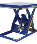 Straight Up Heavy Duty Electric Hydraulic Lift Table With 40 By 48 Inch Platform solid 3000 lb capacity blue welded steel frame.