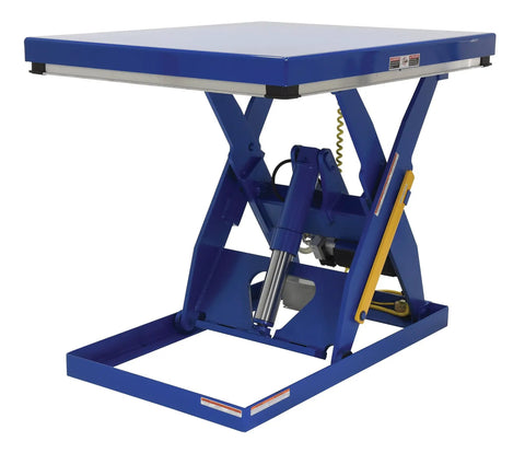 Straight Up Heavy Duty Electric Hydraulic Lift Table With 40 By 48 Inch Platform solid 3000 lb capacity blue welded steel frame.