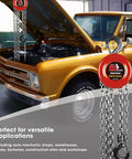 1 Ton Hand Chain Hoist With Mechanical Load Brake, 8 Ft Lift, Dual Heavy Duty Hooks shown lifting near a vintage truck engine