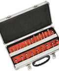 Heavy Duty 24 Piece Router Bit Set With Beefy Steel Shafts And Tough Carbide Cutting Edges For Breezy Woodworking Jobs shown in a storage case.