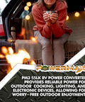 Person enjoying a warm drink by a fire with the Bad Boy 55 Amp Deck Mount Rv Converter Charger in the background.