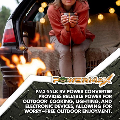 Person enjoying a warm drink by a fire with the Bad Boy 55 Amp Deck Mount Rv Converter Charger in the background.