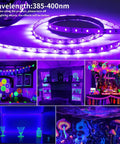 40ft Black Light Strip With 720 LEDs, Flexible Adhesive UV Glow Lit Neon Light For Halloween Parties And Displays, Cuttable Every 3 LEDs showing vibrant UV effects on decor and beverages.