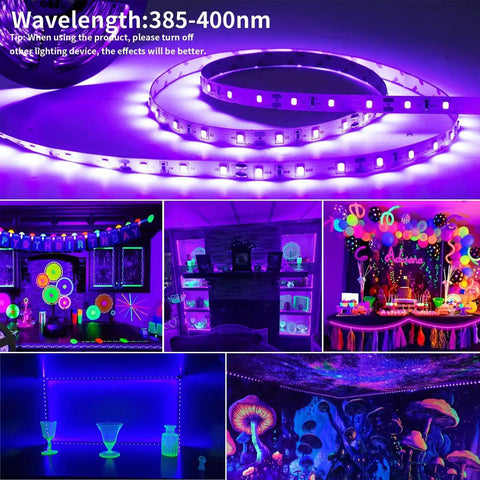 40ft Black Light Strip With 720 LEDs, Flexible Adhesive UV Glow Lit Neon Light For Halloween Parties And Displays, Cuttable Every 3 LEDs showing vibrant UV effects on decor and beverages.