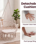 Macrame Hammock Chair Swing With Round Seat Cushion And Hardware Kit For Indoor Outdoor Use Boho Beige Hanging Chair