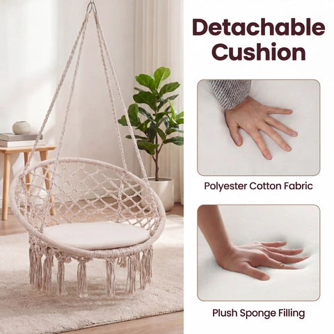 Macrame Hammock Chair Swing With Round Seat Cushion And Hardware Kit For Indoor Outdoor Use Boho Beige Hanging Chair