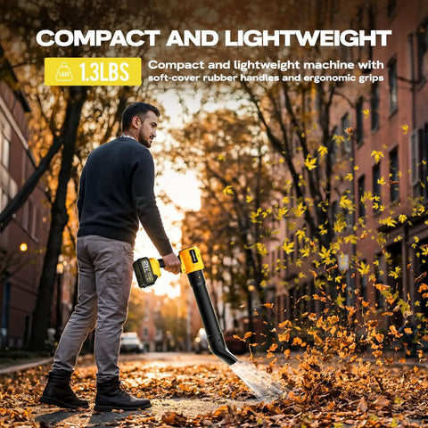 Man using Powerful Cordless Leaf Blower With Two Batteries And Charger Lightweight Handheld Turbo Blower in autumn street