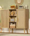 Rattan Style Storage Cabinet With Two Doors And Adjustable Shelves Deep Sideboard For Living Room Dining Room Or Entryway Natural Finish