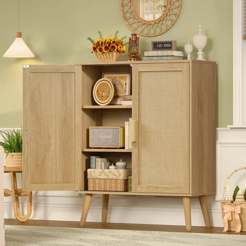 Rattan Style Storage Cabinet With Two Doors And Adjustable Shelves Deep Sideboard For Living Room Dining Room Or Entryway Natural Finish