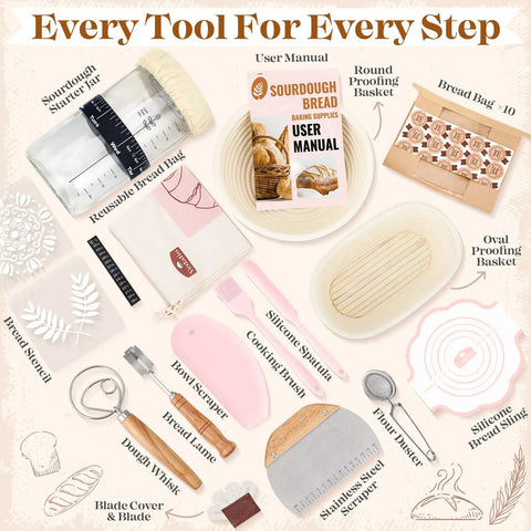 Pink Sourdough Bread Making Kit With Round Nine Inch And Oval Ten Inch Proofing Baskets Sourdough Jar Silicone Spatula Dough Whisk Bread Lame