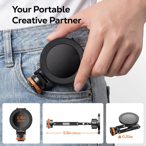 All Metal MagSafe Tripod Mount With 360 Degree Adjustable Phone Holder shown in a hand, compact size for portability.