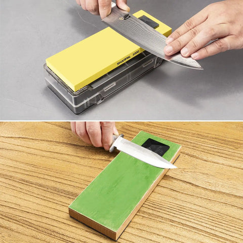 Using Angle Pyramid Whetstone Knife Sharpener Two Pack With Four Universal Angles 14 17 20 25 Degrees Magnetic Guides on kitchen blades