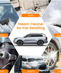 Powerful Handheld Steam Cleaner With 2500W Motor And 3 Bar Pressure for car detailing, shown on seats and tires.