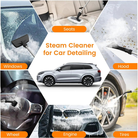 Powerful Handheld Steam Cleaner With 2500W Motor And 3 Bar Pressure for car detailing, shown on seats and tires.