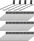 100 Piece 12 Inch Slatwall Hooks Set Black For Metal Slat Wall Hanging Displays Solid Heavy Duty Pegs Commercial Grade 2.2 Pound Load Capacity Easy Install And Durable, showing black metal hooks arranged in rows.