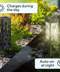 Day and night view of Solar Powered Pathway Lights Outdoor 10 Pack Waterproof LED Landscape Warm White For Patio Walkways Backyard Decor Energizing Garden Lighting With Auto On Off And Weatherproof Construction No Fuss Install showing charging and auto-on function