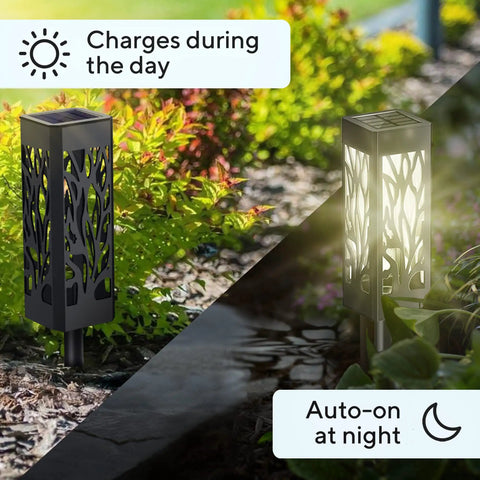 Day and night view of Solar Powered Pathway Lights Outdoor 10 Pack Waterproof LED Landscape Warm White For Patio Walkways Backyard Decor Energizing Garden Lighting With Auto On Off And Weatherproof Construction No Fuss Install showing charging and auto-on function