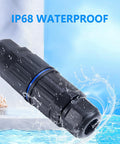 IP68 Waterproof Electrical Cable Connectors Kit for Outdoors showing black waterproof connector with water splash effect