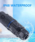 IP68 Waterproof Outdoor Electrical Cable Connector, black with water splash, part of 10 Pack 2 Way Junction Box With Replaceable Lever Connectors.