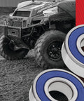 Beefed-Up Wheel Bearing Kit for Honda Suzuki Replacement with Rubber Sealed Bearings and ATV in background