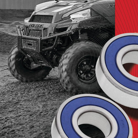 Beefed-Up Wheel Bearing Kit for Honda Suzuki Replacement with Rubber Sealed Bearings and ATV in background