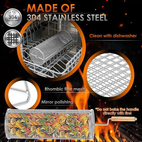 2 In 1 Rolling Grill Basket With Rotating Stand And Hooks Heavy Duty Stainless Steel Rotatable BBQ Mesh Cylinder in dishwasher