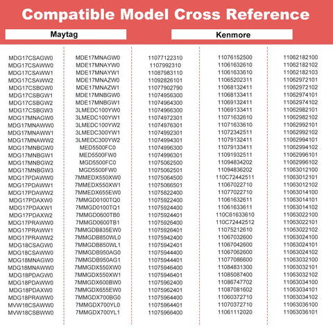 Compatible model cross reference for All In One Dryer Repair Kit For Maytag Bravos XL And Whirlpool Duet Includes 661570V Belt W10837240 Idler