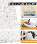 Close-up of Workhorse Heavy Duty Commercial Wet Mop looped end cotton head on scale showing weight, being used, and machine washable.