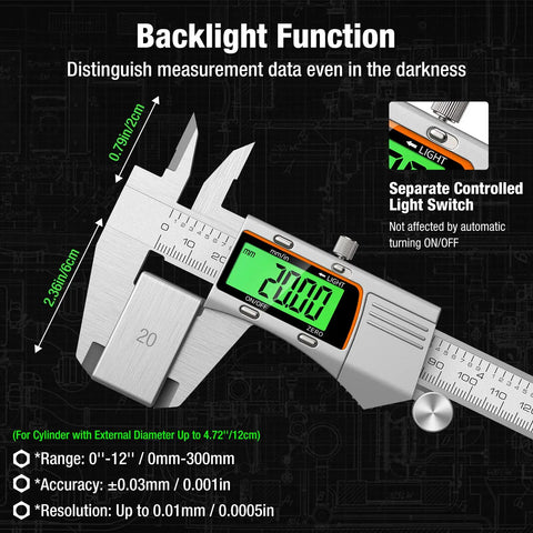 Digital Caliper 12 Inch 300mm Stainless Steel Electronic Caliper With Large LCD Screen showing backlight function
